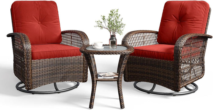 Aoxun 3 Pieces Patio Furniture Set, Patio Swivel Rocker Chairs Set of 2, Wicker Outdoor Bistro Set with Rocking Chair, Thickened Cushions and Table for Porch (Blue)