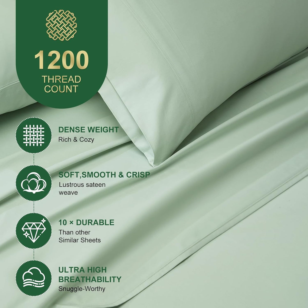 Ivellow 100% Egyptian Cotton Queen Size Sheets Set - 1200 Thread Count 6 PC 18" Deep Pocket Queen Sheets，Luxury Cotton Bed Sheets Soft Breathable Sage Green Cooling Sheet Sets Hotel Quality Bedding
