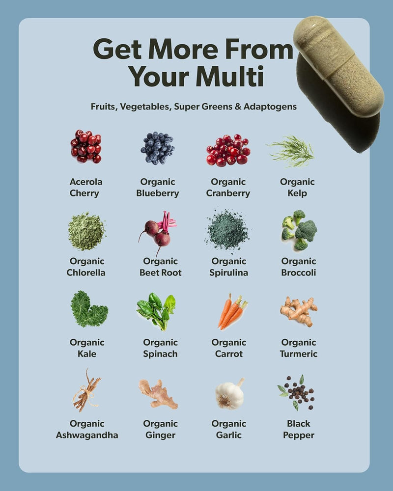 Multivitamin for Men - Daily Men’s Multivitamin - Methylated B Complex with Whole Food Ingredients, Vitamin B12, Folate, A, C, D3, E, K2, Organic Fruits & Vegetables - Vegan, Non-GMO - 60 Caps