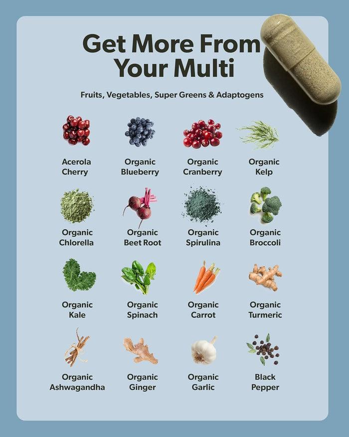 Multivitamin for Men - Daily Men’s Multivitamin - Methylated B Complex with Whole Food Ingredients, Vitamin B12, Folate, A, C, D3, E, K2, Organic Fruits & Vegetables - Vegan, Non-GMO - 60 Caps