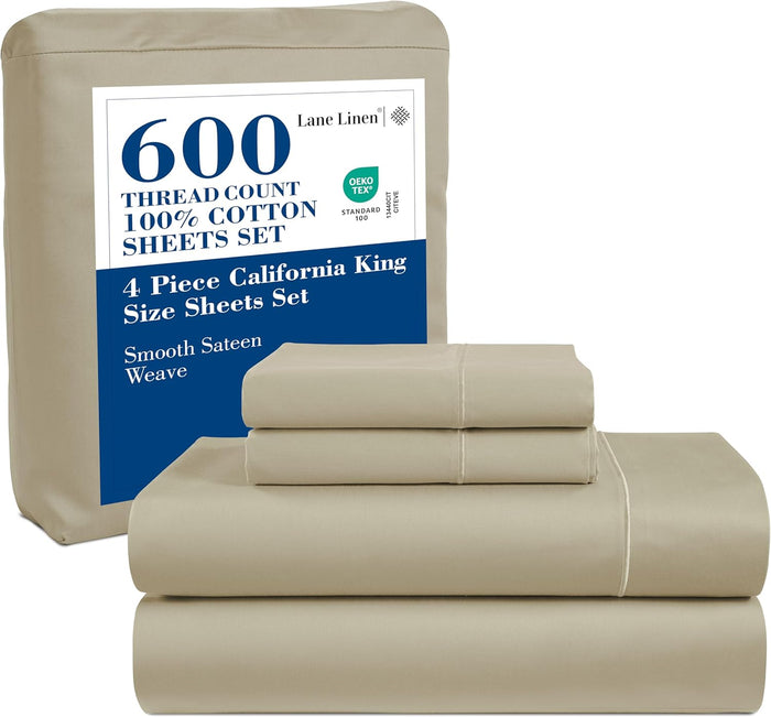 LANE LINEN 600 TC 100% Mercerized Cotton Machine Wash Full Size Bed Sheets Set, Fully Elasticized Fitted Sheet, European Closure Pillow Cases, Z Hem Top Sheet, Soft & Comfy Sheets- Charcoal