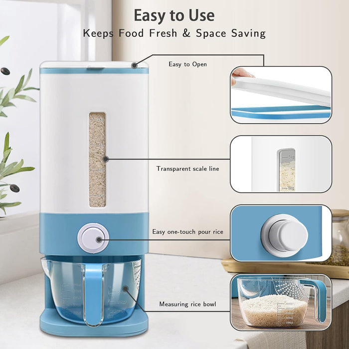 22-25 Lbs Rice Dispenser, Large Cereal Dry Food Storage Containers with Measuring Cup,BPA-Free Household for Kitchen Pantry Organization-Blue