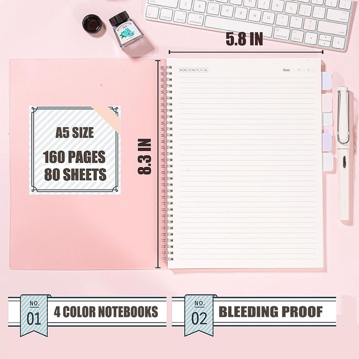 4 Pack Lined Spiral Notebook, 5.9 x 8.3 Inches Notebooks for Work, School and Journal with 110 GSM Thick Paper, Small Notebook with 80 Sheets/160 Pages, Notebooks College Ruled for Note Taking