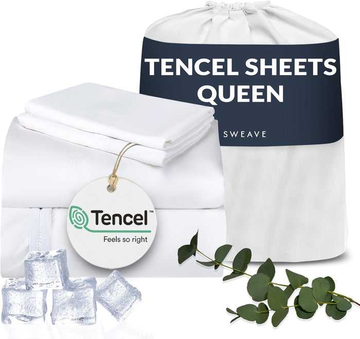 Eucalyptus Sheets – 100% Tencel Cooling Sheets, 300 TC Ultra-Soft, Breathable Percale Weave, 4-Piece Bedding Set for a Refreshing, Comfortable Sleep (White, King)