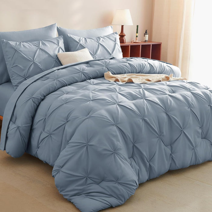 CozyLux Queen Comforter Set Taupe, 7 Pieces Pintuck Bed in A Bag, Premium Taupe Comforter Queen Size, Pinch Pleat Bedding Sets with Comforter, Sheets, Pillowcases & Shams