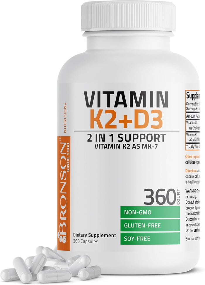Bronson Vitamin K2 (MK7) with D3 Supplement Non-GMO Formula 5000 IU Vitamin D3 & 90 mcg K2 MK-7 Easy to Swallow D & K Complex, 120 Capsules
