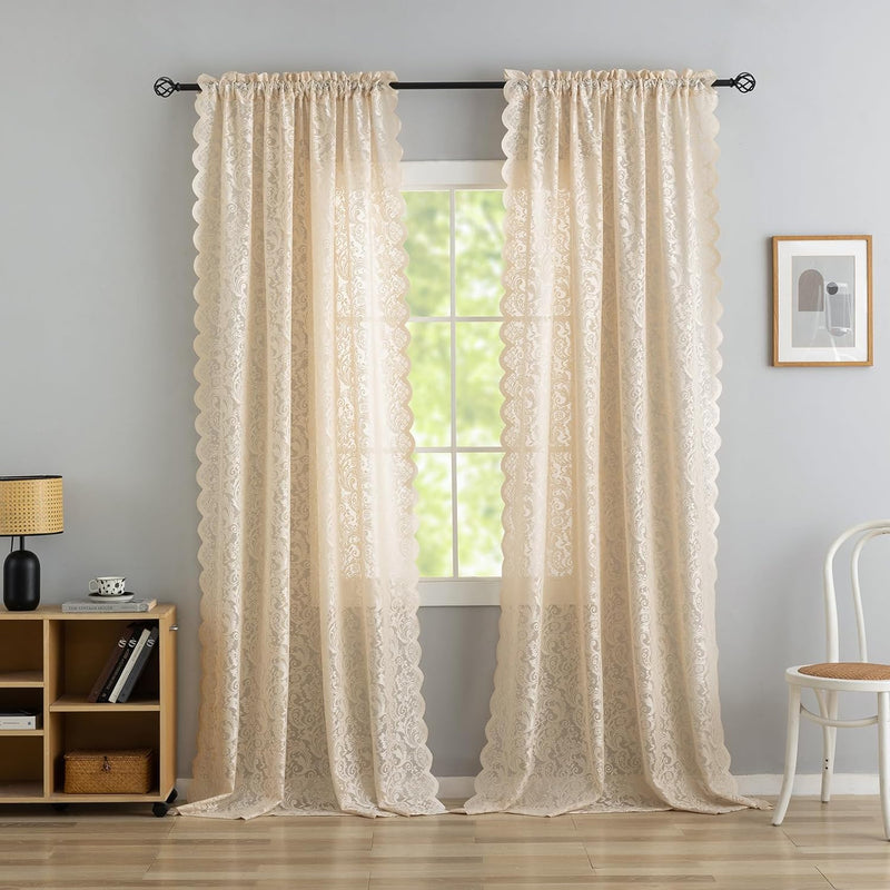 ALIGOGO Burgundy Curtains 84 Inches Long 2 Panels, Cottage Lace Sheer Maroon Curtains for Living Room, Farmhouse Rod Pocket Privacy Floral Scalloped Edges Burgundy Drapes, 52W x 84L Inch