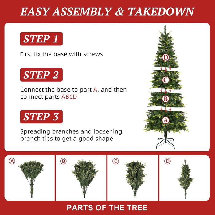 Uten Pencil Christmas Tree, 7.5ft Slim Christmas Tree with Mixed 800 Branch Tips, Foldable Metal Stand, Easy Assembly for Home, Office, Party, Holiday