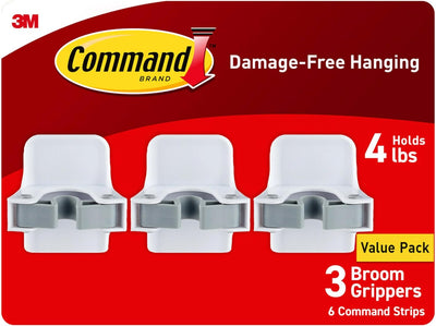 Command Broom and Mop Grippers, 3 Hangers and 6 Command Strips, Damage-Free Hanging Wall Mount Broom and Mop Holder, Household Cleaning Organizer for Organization and Storage, Holds up to 4 lb