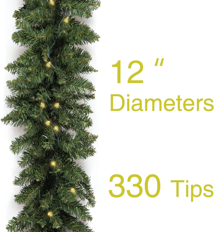 Christmas Garland 9ft with 50 Led, 320 Tips Prelit Fraser Fir Xmas Garland with 50 LED Lights, Lush and Classics Green Style for Indoor Outdoor Home Decoration