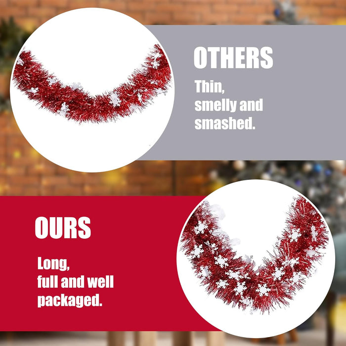 Sggvecsy 32.8Ft Christmas Snowflake Tinsel Garland Xmas Tree Decorations Red Christmas Metallic Twist Garland Ceiling Hanging Decorations for New Year Party Birthday Holiday Indoor Outdoor Supplies