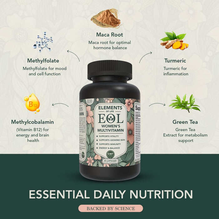 Elements of Life Multivitamin for Women with Vitamin B12, A, D, E, Zinc, Iron, Calcium & More - Womens Multivitamin for Energy & Immunity - Vegan, Gluten Free, Hair & Skin Support Supplements (30 Cap)
