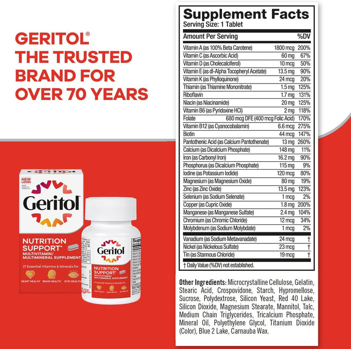 Geritol, Multivitamin Supplement, Contains B-Vitamins, Antioxidants, Vitamins C, E & D and Iron, 26 Essential Vitamins and Minerals, Gluten-Free, Non-GMO, No Artificial Sweeteners, 40 Tablets