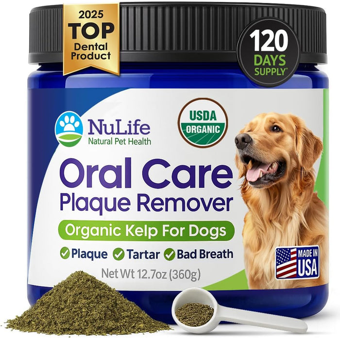 NuLife Natural Pet Health Dog Teeth Cleaning Powder, Dog Plaque and Tartar Remover, Bad Breath Treatment for Dogs with USDA Organic Sea Kelp Powder, Dog Dental Care Made Easy, for All Ages, 12 oz