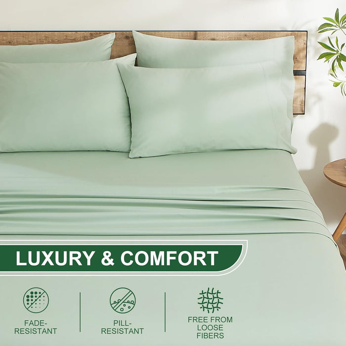 Ivellow 100% Egyptian Cotton Queen Size Sheets Set - 1200 Thread Count 6 PC 18" Deep Pocket Queen Sheets，Luxury Cotton Bed Sheets Soft Breathable Sage Green Cooling Sheet Sets Hotel Quality Bedding