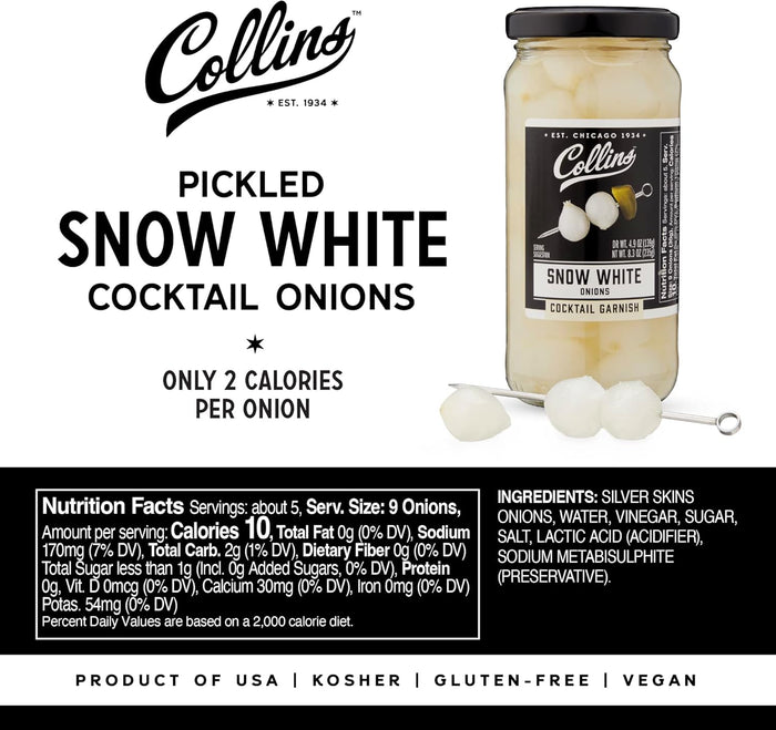 Collins Gourmet Snow White Cocktail Onion - Pickled Onion jar for Cocktails, Bloody Mary ingredients, Meat and Cheese Trays and Snacks - Pickled Onions 8oz