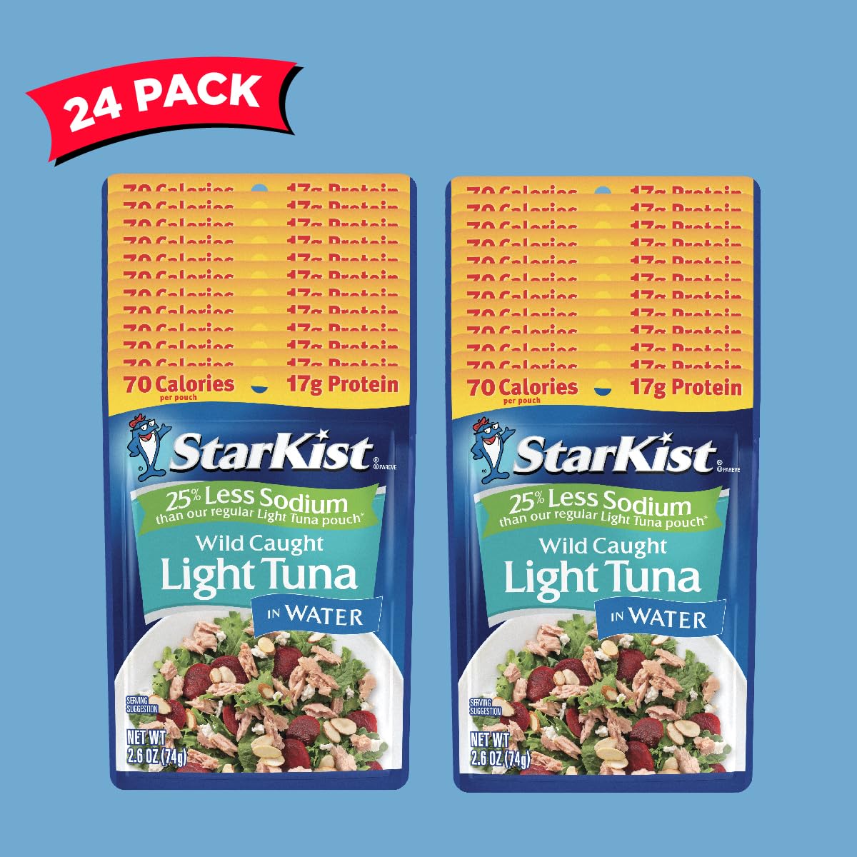 StarKist Reduced Sodium Chunk Light Tuna in Water, 2.6 oz Pouch (24 Pack) Ready to Eat Wild Caught Tuna, 17g Protein, Gluten Free, Soy Free, Kosher, Perfect for Salads, Keto Meals and Snacks