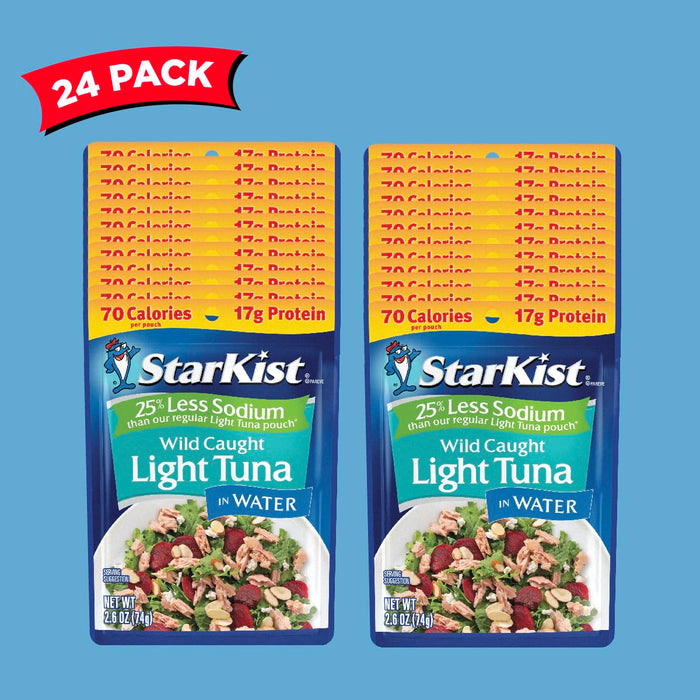 StarKist Reduced Sodium Chunk Light Tuna in Water, 2.6 oz Pouch (24 Pack) Ready to Eat Wild Caught Tuna, 17g Protein, Gluten Free, Soy Free, Kosher, Perfect for Salads, Keto Meals and Snacks