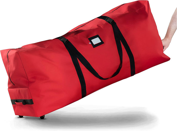 ZOBER 600D Oxford Fabric Large Rolling Christmas Tree Storage Bag - Fits 9 Ft Artificial Trees - Waterproof Christmas Tree Bag For Storage Box For Xmas, Durable Handles and Wheels - Card Slot - Red