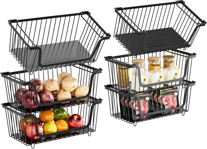 4 Pcs Stackable Wire Baskets for Pantry Organizers and Storage,Vegetable Fruit Basket for Countertop,Kitchen Storage Metal Baskets,Produce Potato Onion Storage Bin,Black