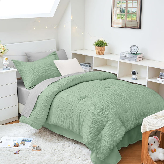 HYMOKEGE Beige Queen Comforter Set Seersucker 7 Pieces, All Season Luxury Bed in a Bag for Bedroom, Bedding Set with Comforters, Sheets, Pillowcases & Shams