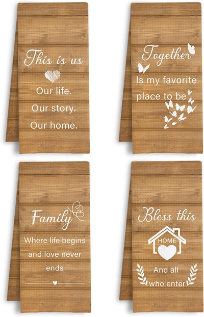 Rustic Housewarming Kitchen Towels, Homeowner Hostess Household Gifts Dish Tea Towels, Bless This Home and All Who Enter Decorative Hand Towel for Bathroom Kitchen, 16x24 Inch Set of 4