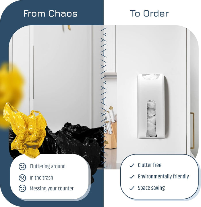 Wall-Mount Grocery Bag Dispenser | Space-Saving Design | Easy Install | Smudge-Proof, Fingerprint-Resistant | White | Holds Most Bags for Maximum Storage
