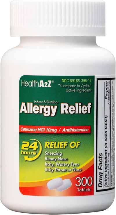 HealthA2Z® Allergy Relief | Cetirizine 10mg | All Day Allergy Relief | Indoor & Outdoor | Relief from Itchy Throat, Sneezing, Runny Noses (300 Count (Pack of 1))
