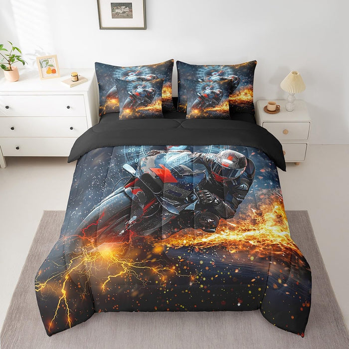 Feelyou Motocross Rider Bed Set for Kids Boys Girls Twin Size Extreme Sports 7 Pieces Beeding Set Ultra Soft Dirt Bike Bed in a Bag with Comforter, Sheets, Pillowcases Racing Themed Room Decor