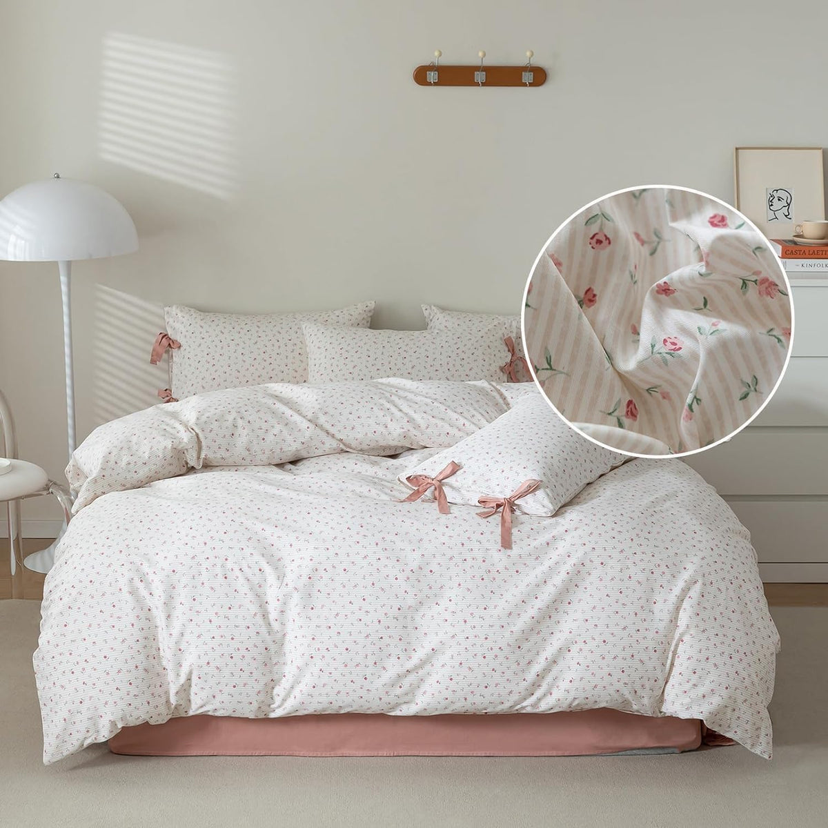 LifeTB Cotton Floral Duvet Cover Queen Girl Pink Flower Bedding Sets Garden Style Cotton Floral Comforter Cover Pink White Floral Bedding Sets Flower Branches Pattern Duvet Cover with Zipper Closure