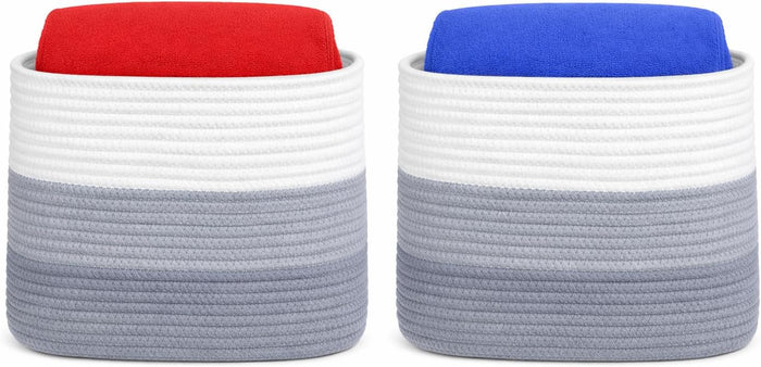 Basket, Set of 2 Medium Cotton Rope 15.3"x 9.8"x9.6" Woven Storage Basket for Baby Laundry, Blankets & Toys, Deco Rope Basket with Side Handle Slots for Nursery, Bedroom & Home Organization - Set of 2