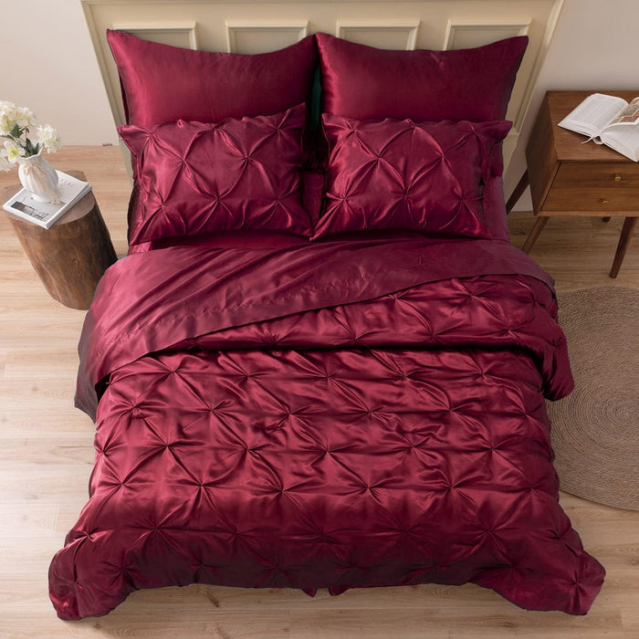 MR&HM Satin Comforter King 7 Pieces - Luxurious Pinch Pleat Bedding Set with Comforter, Flat Sheet, Fitted Sheet, Pillowcases & Shams, Super Silky Soft Bed Set for All Season (King, Black)