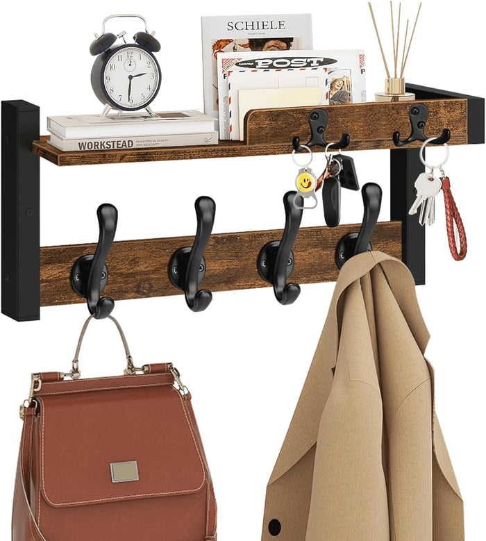 Homode Coat Rack Wall Mount with Shelf, Entryway Coat Hanger with Key Hooks and Mail Holder, 29 Inch Wood Floating Shelf with Hooks and Storage, Key Holder Mail Organizer, Rustic Brown