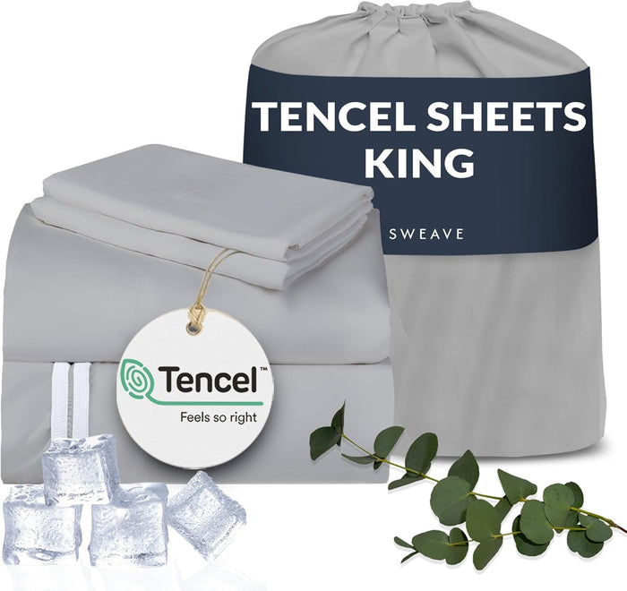 Eucalyptus Sheets – 100% Tencel Cooling Sheets, 300 TC Ultra-Soft, Breathable Percale Weave, 4-Piece Bedding Set for a Refreshing, Comfortable Sleep (White, King)