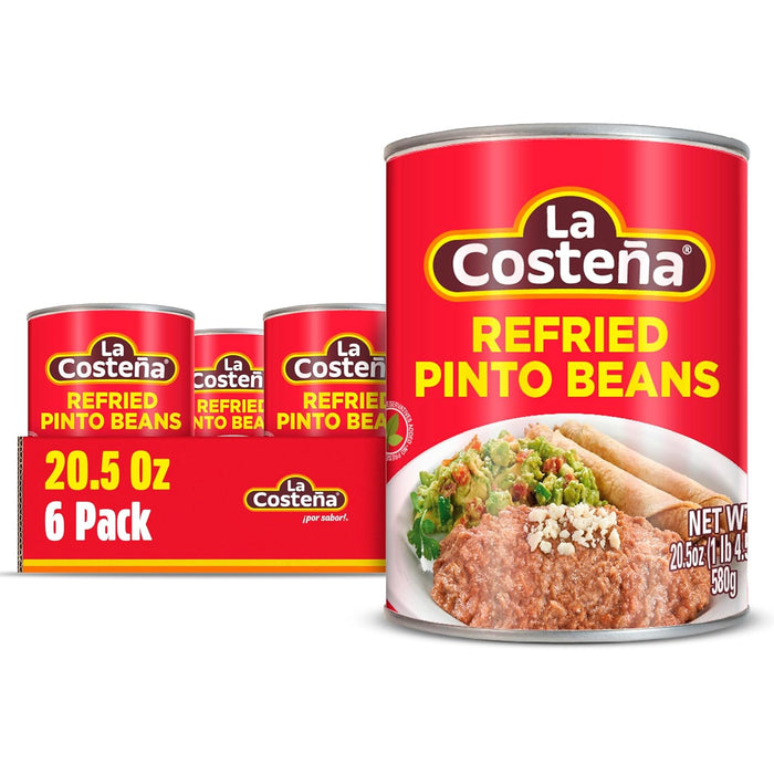 La Costeña Refried Pinto Beans - Ready-to-Eat Canned Refried Beans for Mexican Food, Mexican Rice, Nacho Bean Dip, Bean Burrito, Carne Asada, Fajita & Taco Seasoning - 14.1oz, 12 Pack Canned Food