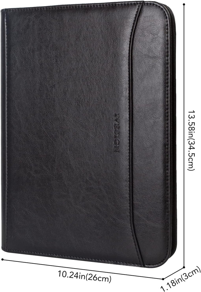 IVESIGN Zippered Padfolio for Women & Men Resume Portfolio Folder Vegan Leather Salesman Business Organizer Planner,with Writing Pad Interior 10.1 Inch Tablet Sleeve Black