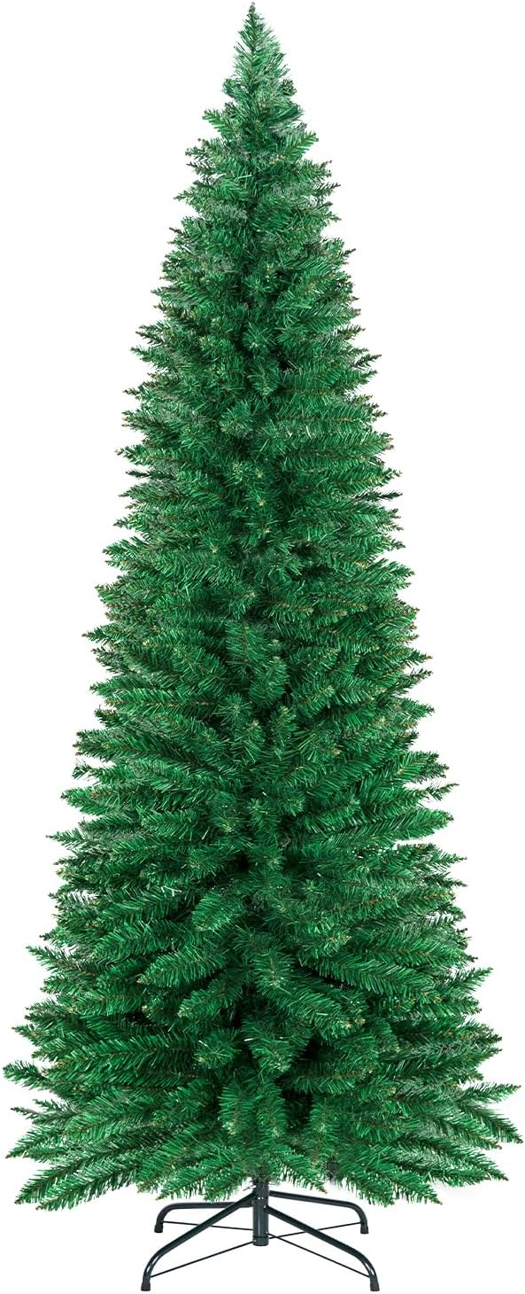 ININ 8FT Slim Pencil Christmas Tree,Artificial Tall Skinny Xmas Tree with 700 Branch Tips,Perfect for Home/Office/Party Decoration, Metal Hinges & Foldable Base.(Unlit)
