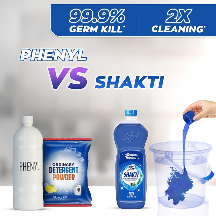 Lizol Shakti 900ml - Aqua Fresh Disinfectant Floor Cleaner | Suitable For All Floor Cleaner Mops | 2X better cleaning Vs Phenyl
