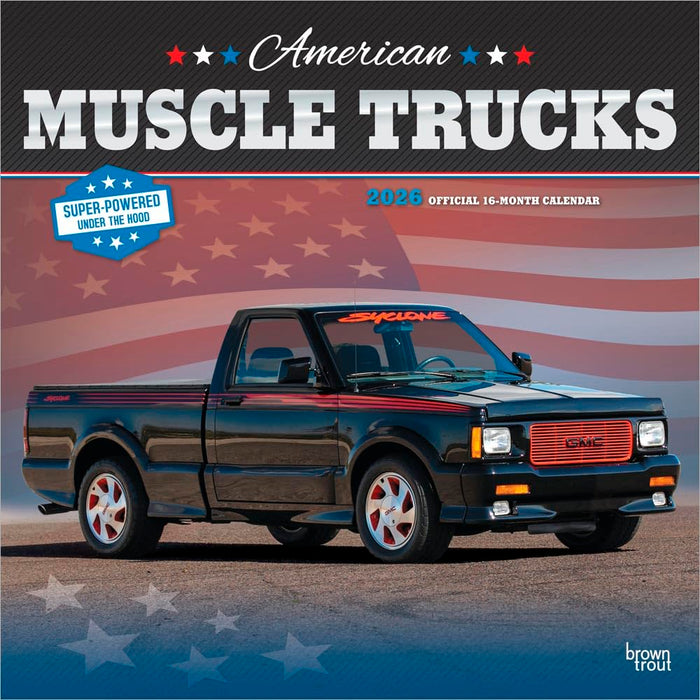 American Muscle Trucks OFFICIAL | 2026 12 x 24 Inch (Hanging) Monthly Square Wall Calendar | Foil Stamped Cover | Plastic-Free | BrownTrout | USA Motor Ford Chevrolet Dodge GMC
