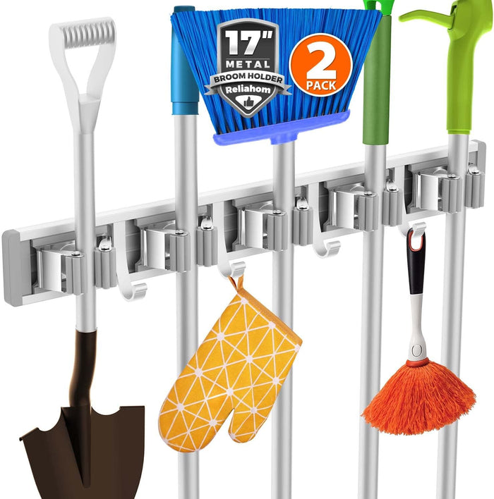 reliahom Broom Holder Wall Mount Mop and Broom Hanger Wall Mounted Garage Storage Rack Kitchen Garden Tool Organizer (4 Racks with 5 Hooks, Black)