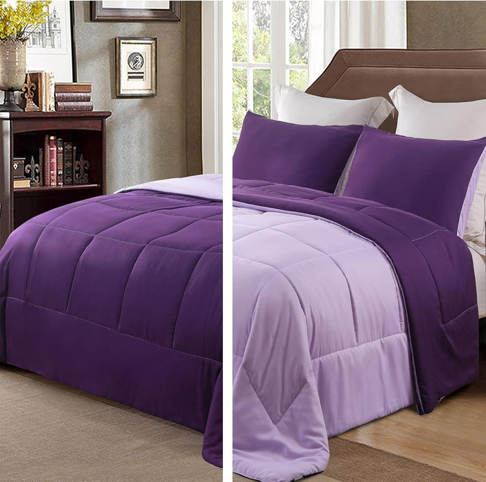 Exclusivo Mezcla Lightweight Reversible Queen Size Comforter Set, Down Alternative Comforter with 2 Pillow Sham, Queen Size Bedding Set for All Seasons, Deep Purple/Lilac