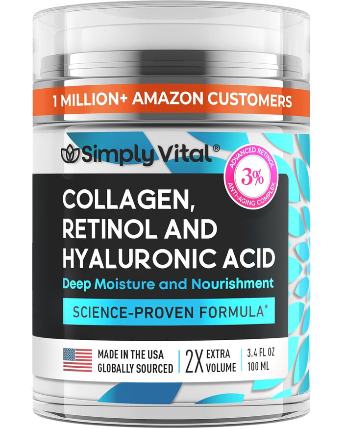SimplyVital Collagen, Retinol & Hyaluronic Acid Cream - Anti-Aging Face Moisturizer for Face, Firming Skin Care Neck & Décolleté - Made in USA, Daily Moisturizer Face Cream Day & Night - 1.7 fl.oz.