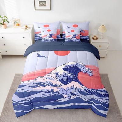 Feelyou Japanese Wave Bed Set Boys Girls for Kids Women Men Twin Size Ocean Wave 7 Pieces Beeding Set Ultra Soft Sunset Bed in a Bag with Comforter, Sheets, Pillowcases Sea Waves Room Decor Bird