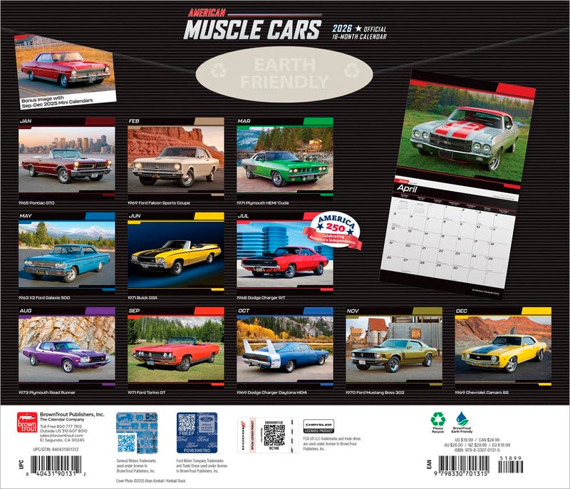 American Muscle Cars OFFICIAL | 2026 14 x 24 Inch (Hanging) Monthly Deluxe Wall Calendar | Foil Stamped Cover | Plastic-Free | BrownTrout | Racing Ford Chevrolet Chrysler Oldsmobile Pontiac