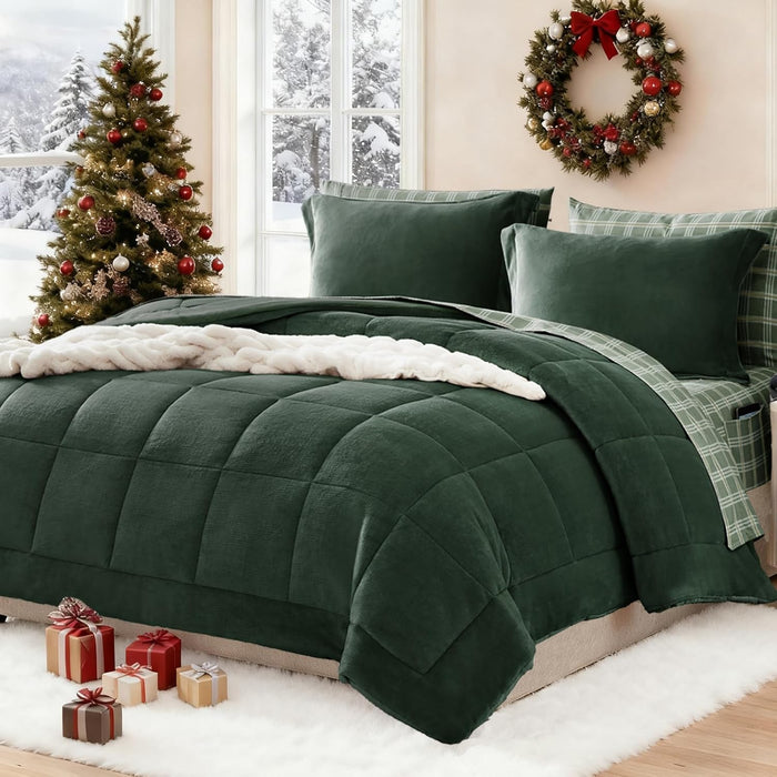 Plush Queen Comforter Set Light Taupe, Flannel Velvet Comforter Sets 7 Pieces Bed in a Bag, Soft Warm Winter Bedding Set with Sheets, Pillowcases & Shams