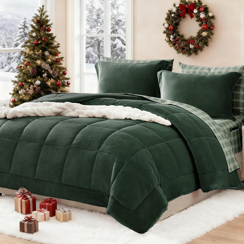 Plush Queen Comforter Set Light Taupe, Flannel Velvet Comforter Sets 7 Pieces Bed in a Bag, Soft Warm Winter Bedding Set with Sheets, Pillowcases & Shams