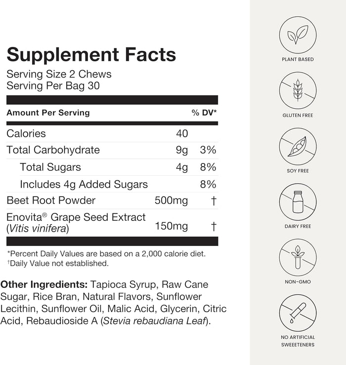 HumanN SuperBeets Heart Chews, Nitric Oxide and Blood Pressure Support, Grape Seed Extract & Non-GMO Beet Root Powder Energy Supplement, Pomegranate Berry Flavor, 60 Count
