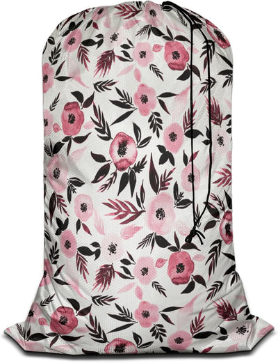 Swono Watercolor Sketch Poppy Large Laundry Bag Washable Large Dirty Clothes, Leaf Repeating Pattern Drawstring Organizer Bag, Fit Hamper Basket Camp Travel Home Dorm, Pink Black