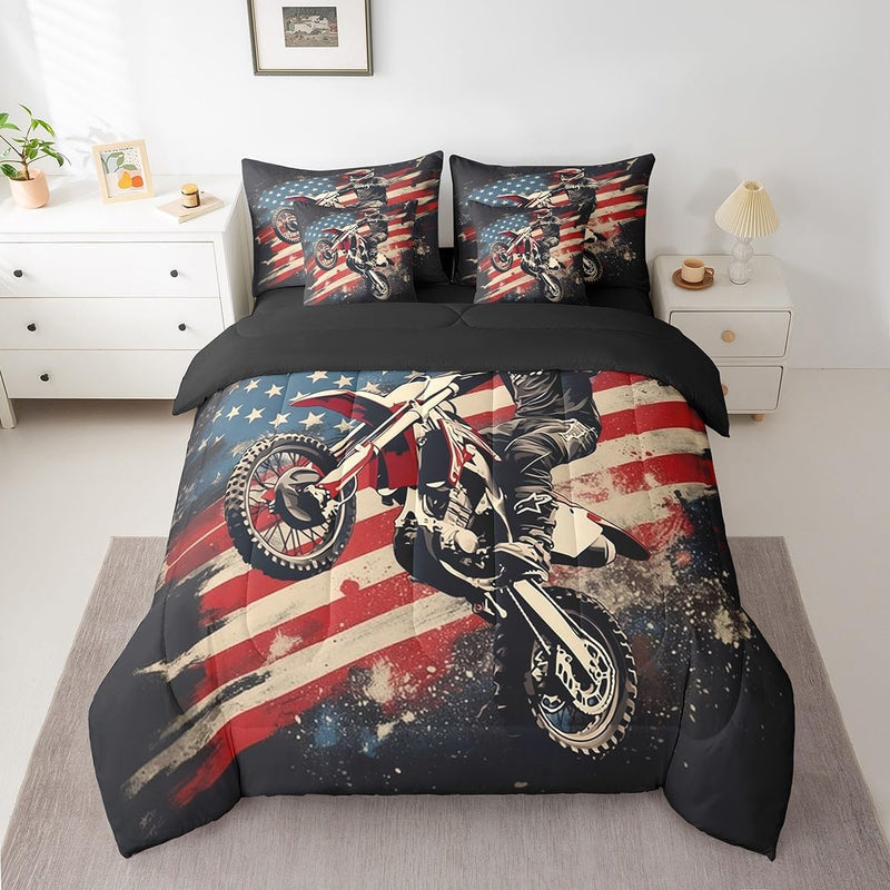 Feelyou Blue Race Car Bed Set for Kids Boys Girls Full Size Extreme Sports 7 Pieces Beeding Set Teen Adult Ultra Soft Speed Sports Car Bed in a Bag with Comforter, Sheets, Pillowcases Cool Car