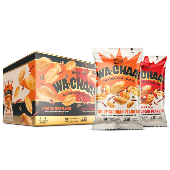 WA-CHAA! Spicy Sichuan Peanuts, Numbing Mala Peppercorns, Toasted Chili Flakes, Protein-Packed, Party Snacks, Non-GMO, On-The-Go Travel Size 1.5 Oz (24 Pack, Double Heat)
